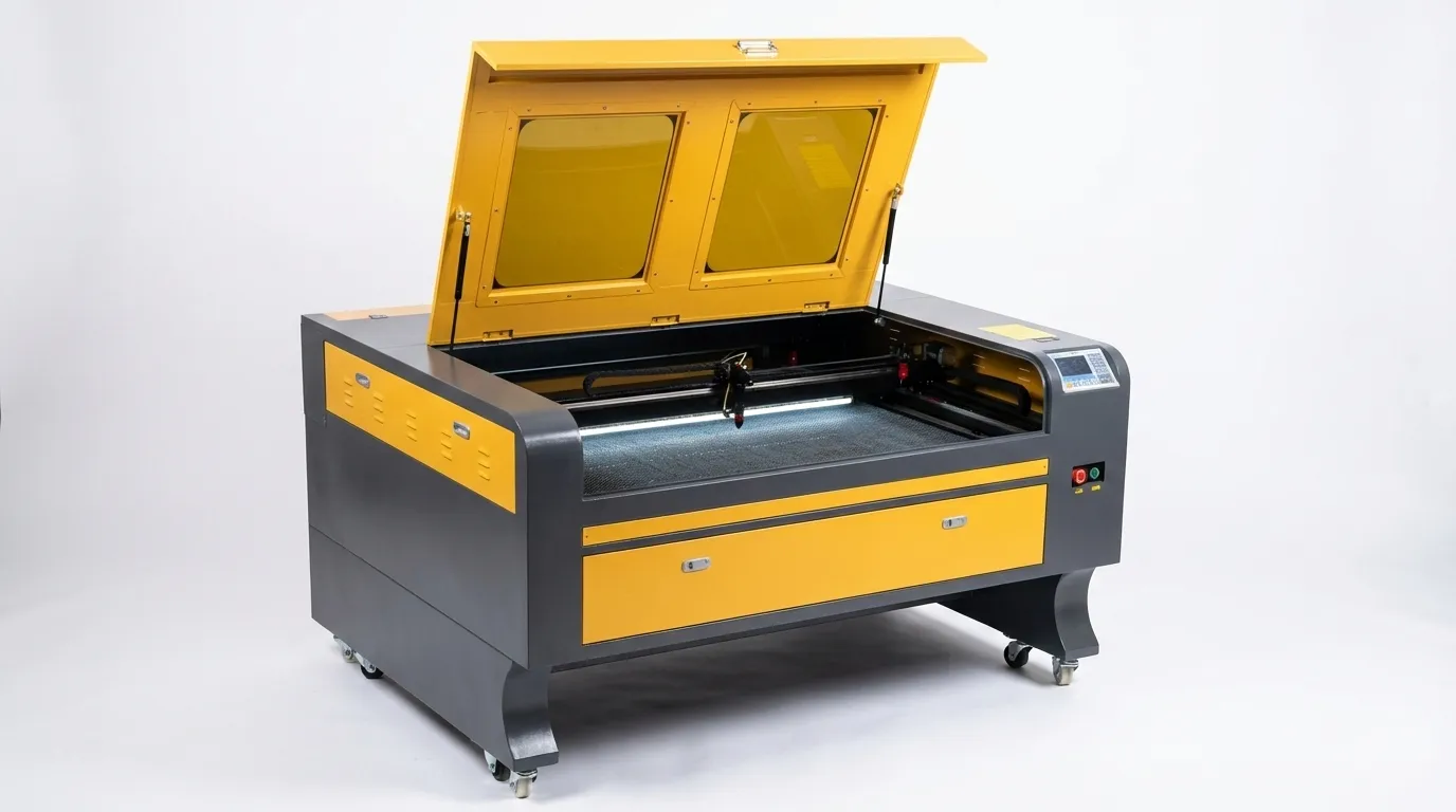 Machine de découpe laser <b>CO2 120W</b> industrielle avec une <b>zone de travail de 1300x1000mm</b> chez TechArt Concept Montréal, capable de découpe de précision à haute vitesse pour des projets de bois et d'acrylique à grande échelle.