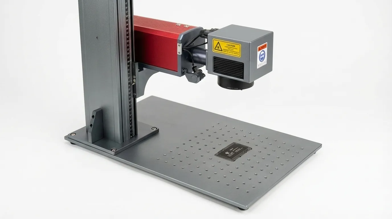 Système de marquage laser Fiber MOPA 60W de précision avec un champ de 300x300mm chez TechArt Concept, spécialisé dans la gravure de métaux industriels et le marquage couleur à haut contraste sur titane et acier inoxydable.